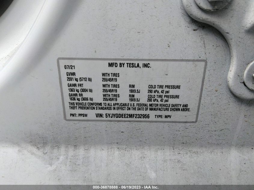 Auction sale of the 2021 TESLA MODEL Y , vin: 5YJYGDEE2MF232956, lot number: 36878888