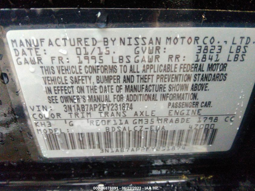 2015 NISSAN SENTRA S - 3N1AB7AP2FY231874