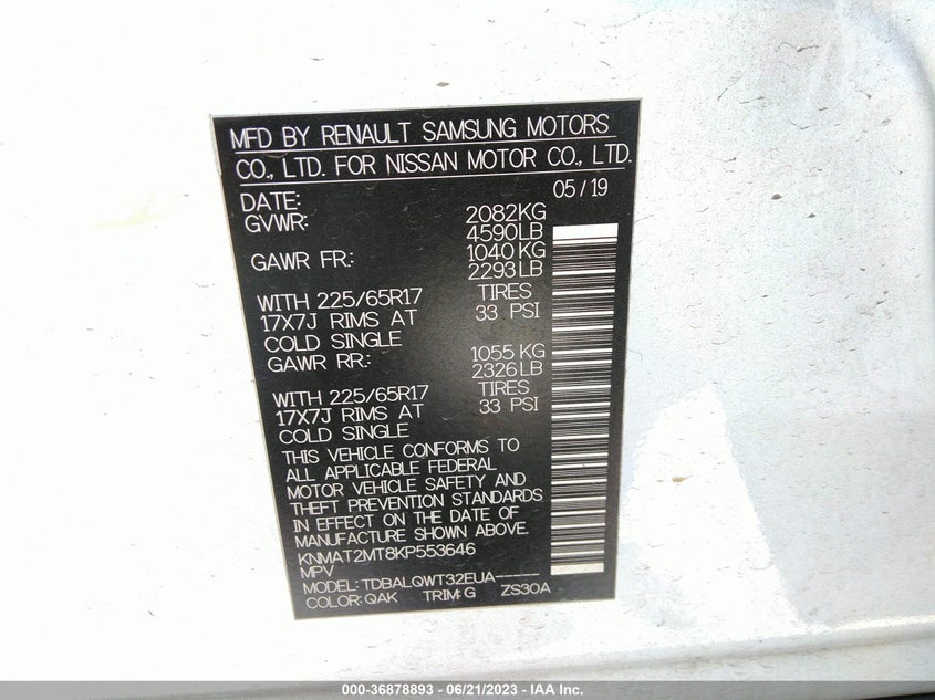 VIN KNMAT2MT8KP553646 2019 NISSAN ROGUE SV