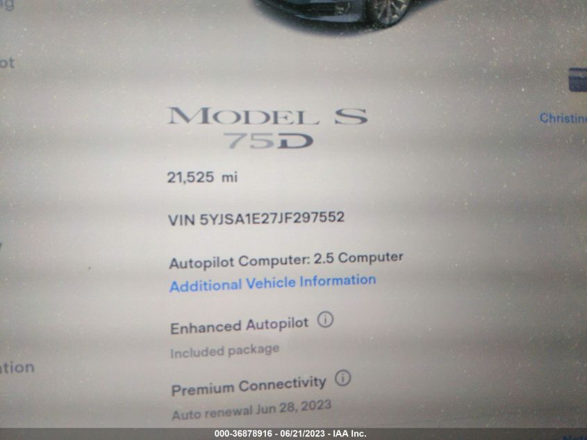 2018 TESLA MODEL S 75D/100D/P100D - 5YJSA1E27JF297552