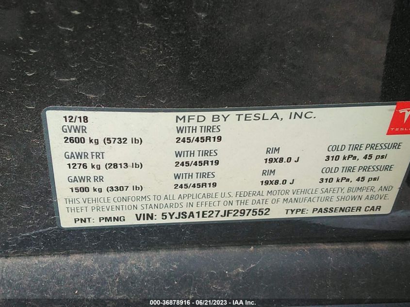 2018 TESLA MODEL S 75D/100D/P100D - 5YJSA1E27JF297552