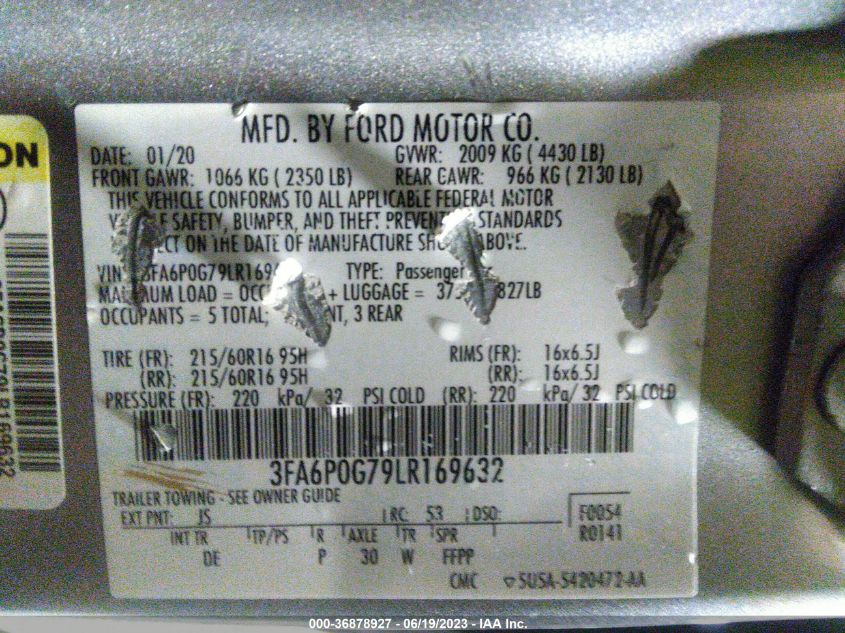 2020 FORD FUSION S - 3FA6P0G79LR169632