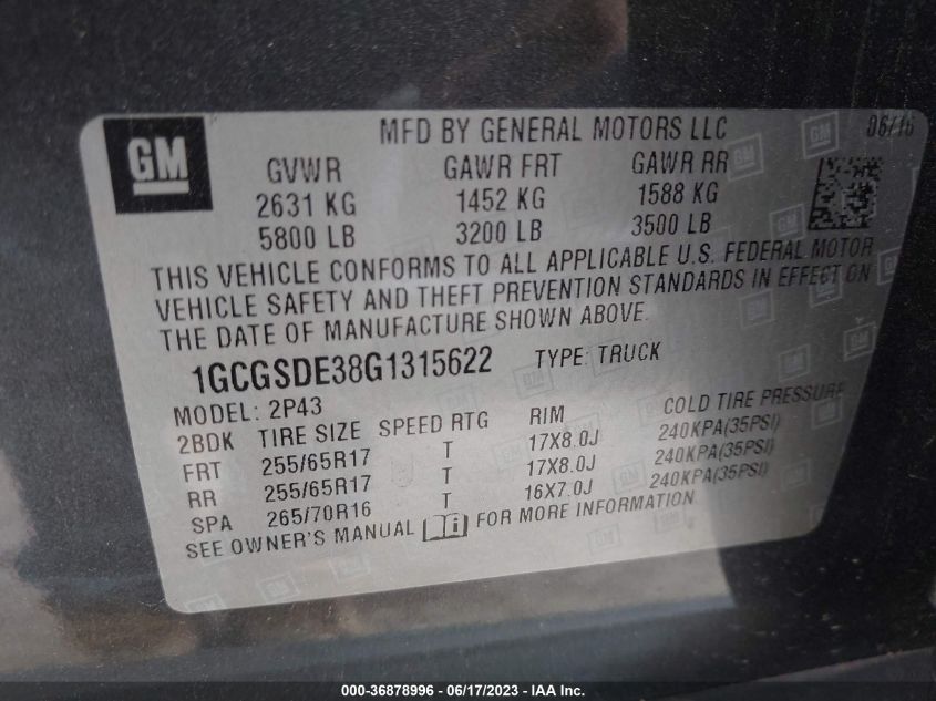2016 CHEVROLET COLORADO 2WD Z71 - 1GCGSDE38G1315622