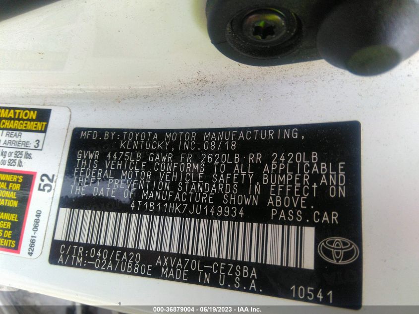 2018 TOYOTA CAMRY L/LE/XLE/SE/XSE - 4T1B11HK7JU149934