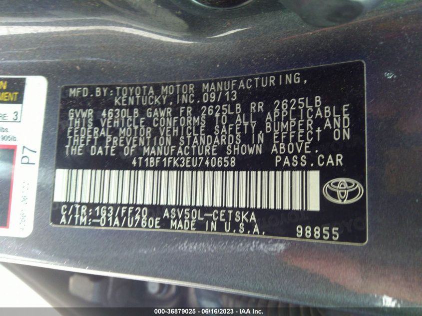 2014 TOYOTA CAMRY L/LE/XLE/SE/SE SPORT - 4T1BF1FK3EU740658