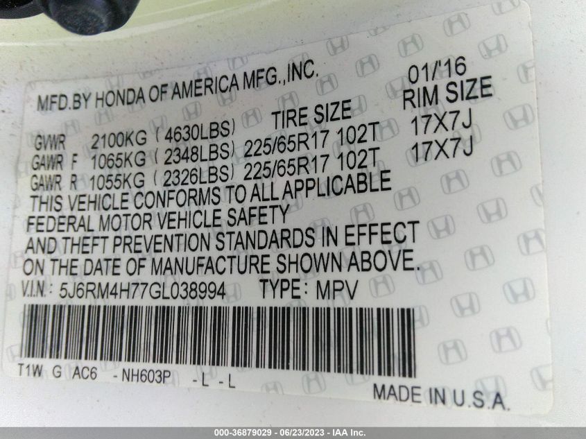 2016 HONDA CR-V EX-L - 5J6RM4H77GL038994