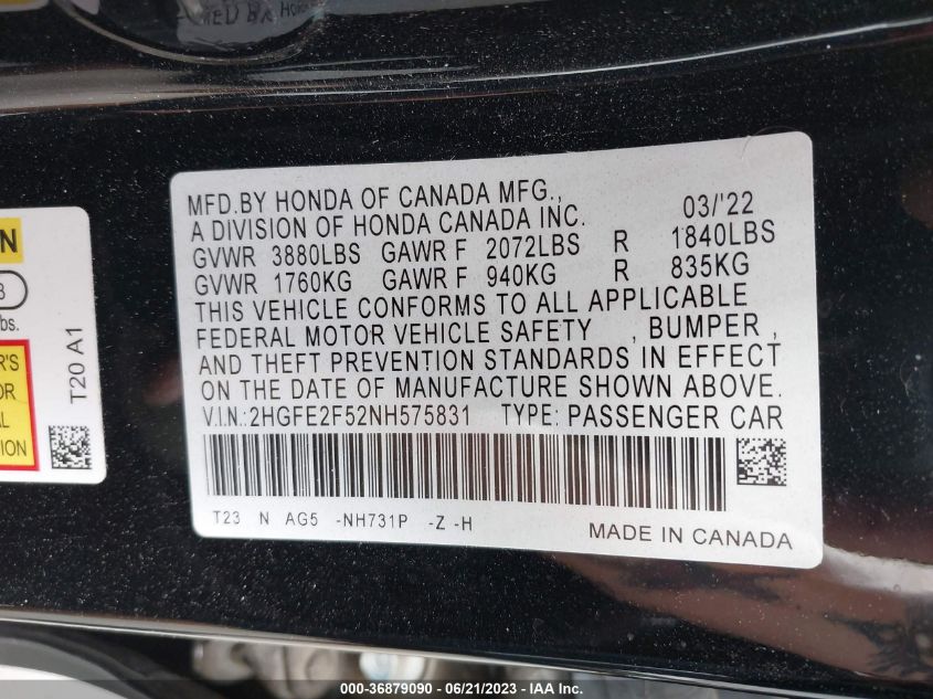 2022 HONDA CIVIC SEDAN SPORT - 2HGFE2F52NH575831