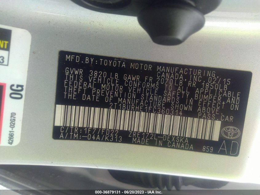 2015 TOYOTA COROLLA L/LE/S/S PLUS/LE PLUS - 2T1BURHE1FC360314