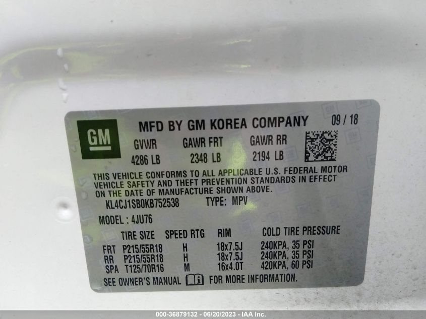 2019 BUICK ENCORE SPORT TOURING - KL4CJ1SB0KB752538