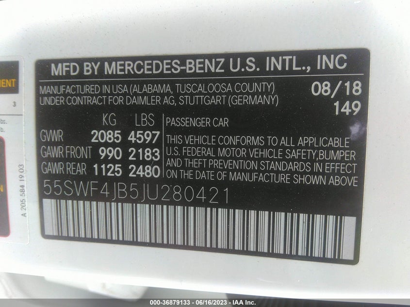 VIN 55SWF4JB5JU280421 2018 MERCEDES-BENZ C-CLASS C 300