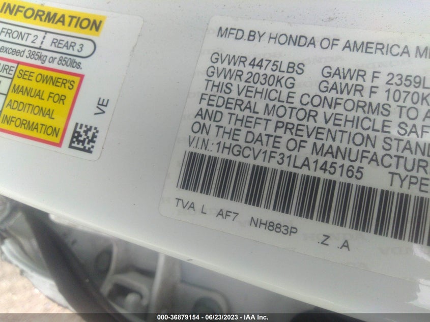 VIN 1HGCV1F31LA145165 2020 HONDA ACCORD SEDAN SPORT
