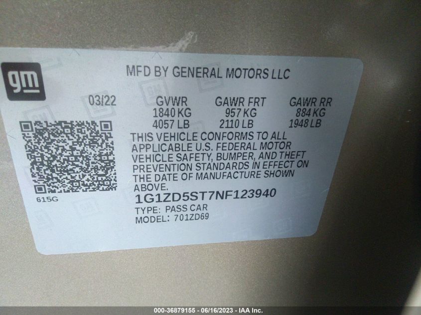 2022 CHEVROLET MALIBU LT - 1G1ZD5ST7NF123940