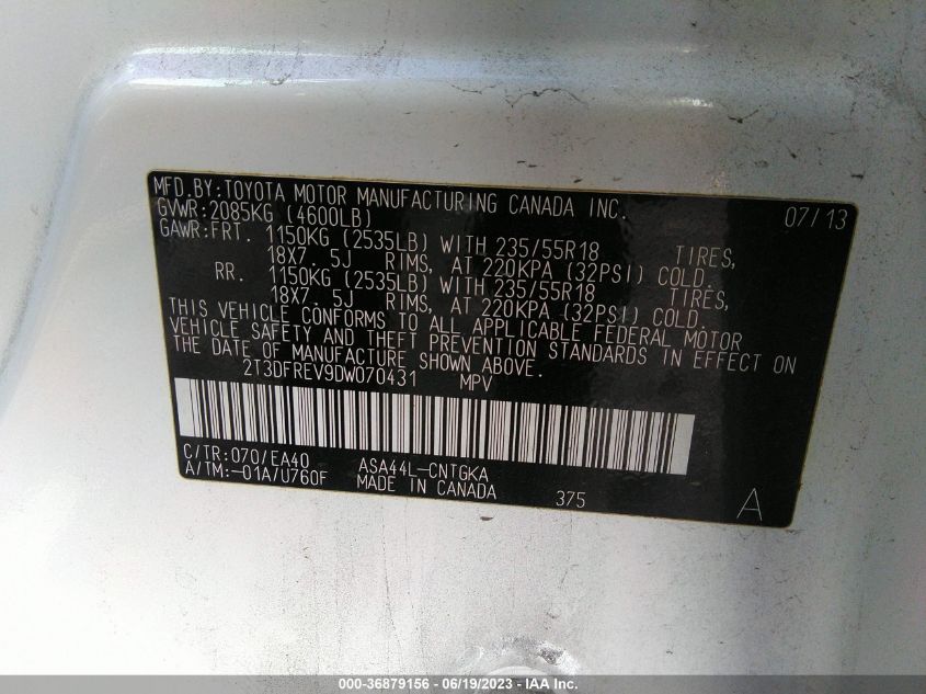 2013 TOYOTA RAV4 LIMITED - 2T3DFREV9DW070431