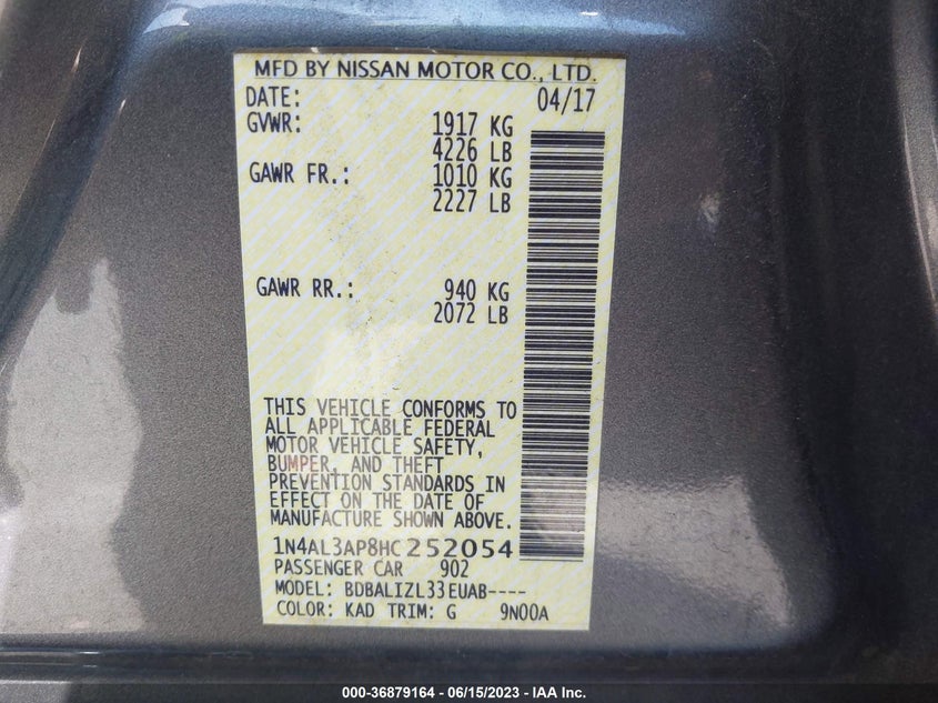 VIN 1N4AL3AP8HC252054 2017 NISSAN ALTIMA 2.5 SV