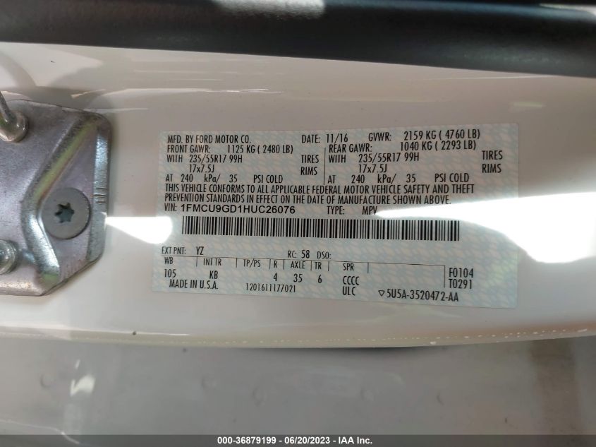 2017 FORD ESCAPE SE - 1FMCU9GD1HUC26076