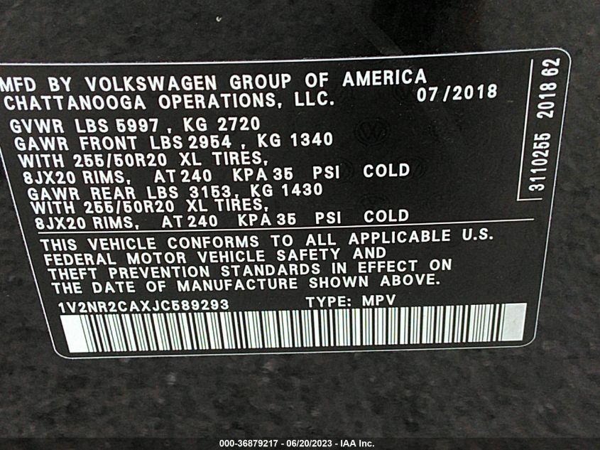 2018 VOLKSWAGEN ATLAS 3.6L V6 SEL PREMIUM - 1V2NR2CAXJC589293