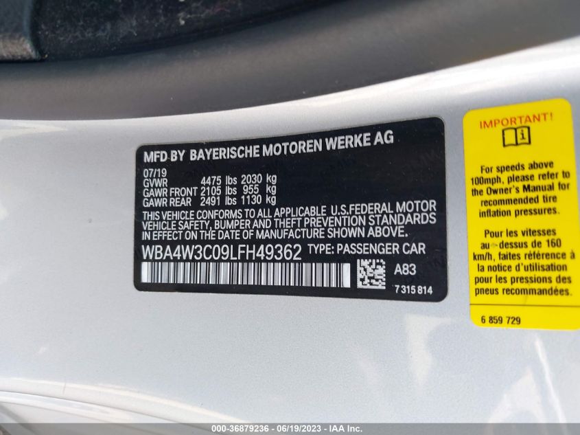 2020 BMW 4 SERIES 430I - WBA4W3C09LFH49362