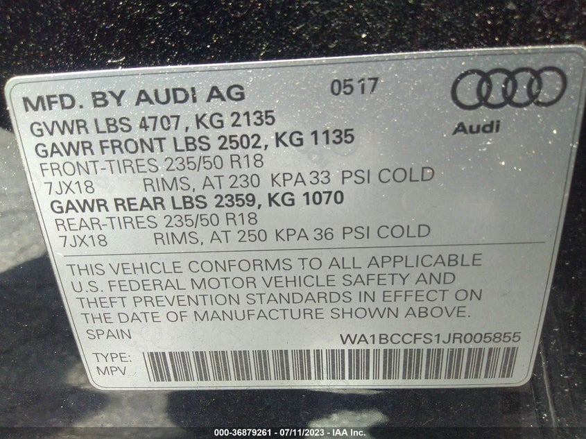 VIN WA1BCCFS1JR005855 2018 AUDI Q3 PREMIUM/SPORT PREMIUM