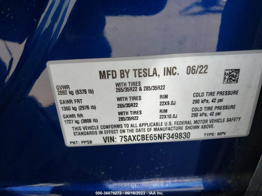 2022 TESLA MODEL X PLAID - 7SAXCBE65NF349830