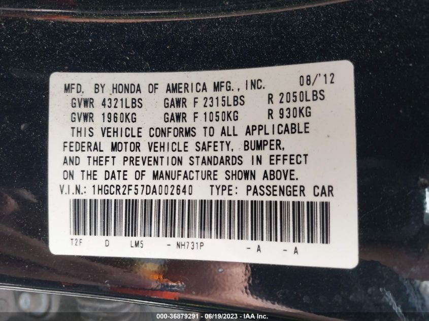 2013 HONDA ACCORD SDN SPORT - 1HGCR2F57DA002640