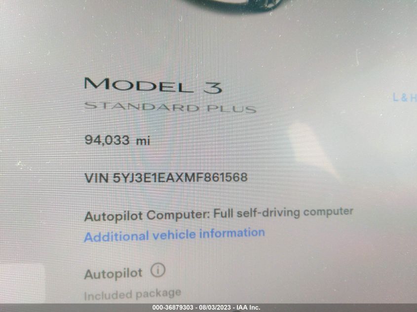 5YJ3E1EAXMF861568 Tesla Model 3 STANDARD RANGE PLUS 9