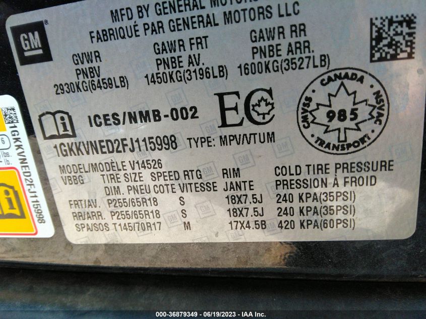 2015 GMC ACADIA SLE - 1GKKVNED2FJ115998
