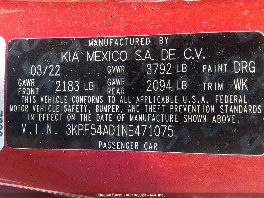 2022 KIA FORTE GT-LINE - 3KPF54AD1NE471075