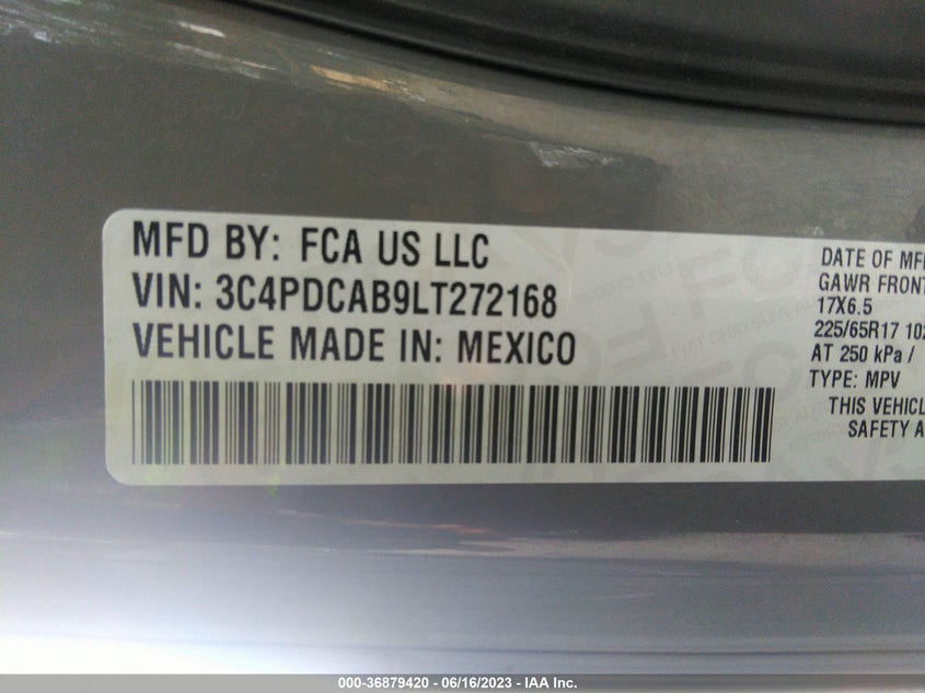 VIN 3C4PDCAB9LT272168 2020 DODGE JOURNEY SE VALUE