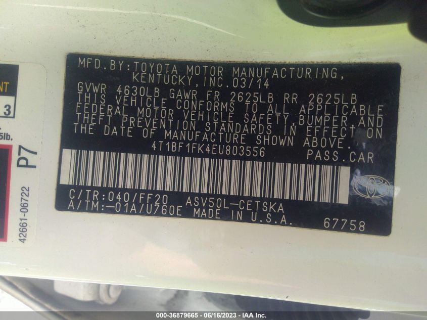 2014 TOYOTA CAMRY L/LE/XLE/SE/SE SPORT - 4T1BF1FK4EU803556