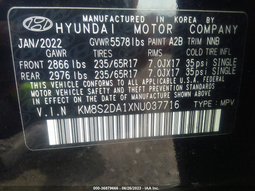 2022 HYUNDAI SANTA FE HYBRID BLUE - KM8S2DA1XNU037716