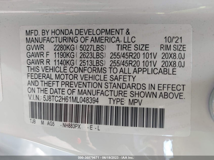 VIN 5J8TC2H61ML048394 2021 ACURA RDX A-SPEC