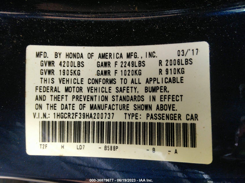 VIN 1HGCR2F39HA200737 2017 HONDA ACCORD SEDAN LX