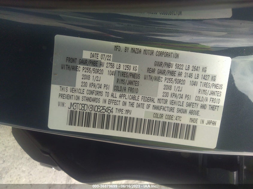 VIN JM3TCBDY8N0625454 2022 MAZDA CX-9 CARBON EDITION