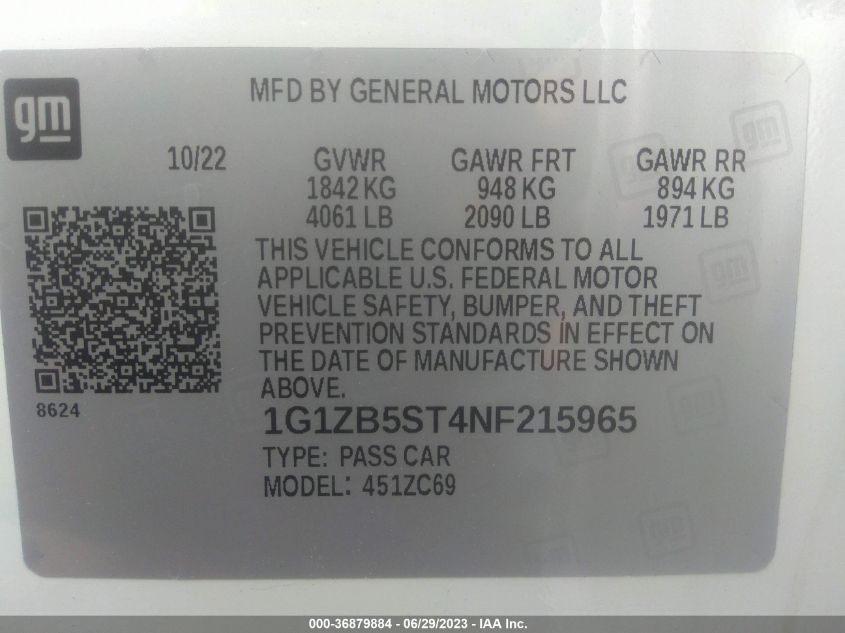2022 CHEVROLET MALIBU LS - 1G1ZB5ST4NF215965