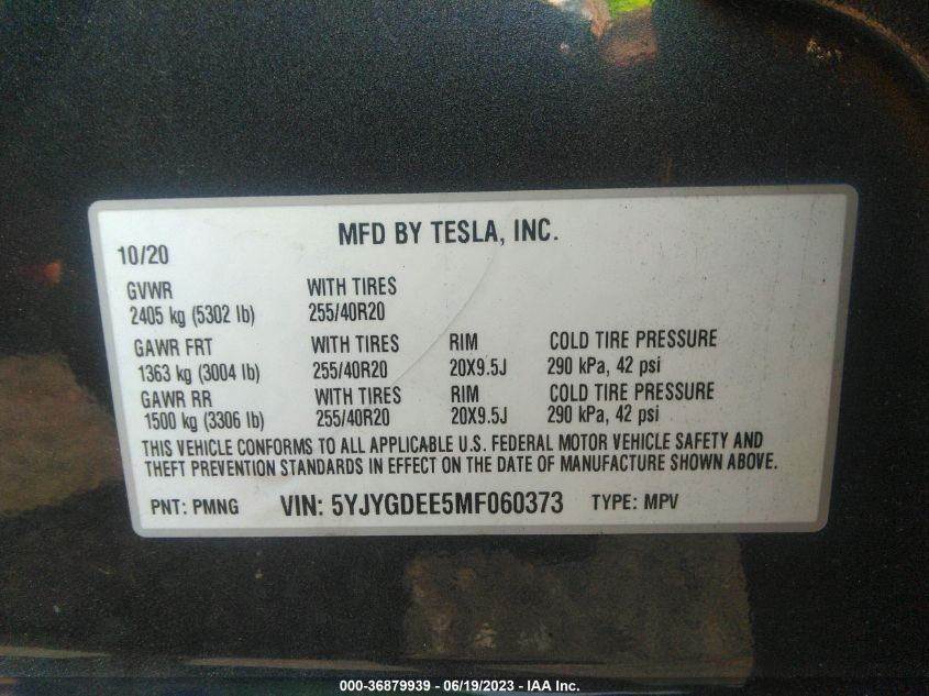 2021 TESLA MODEL Y LONG RANGE - 5YJYGDEE5MF060373