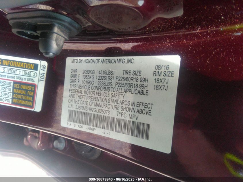 2016 HONDA CR-V TOURING - 5J6RM3H92GL025078