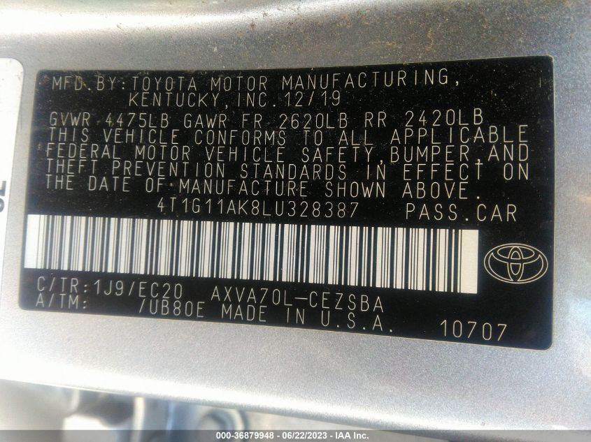 2020 TOYOTA CAMRY SE/SE NIGHT SHADE - 4T1G11AK8LU328387