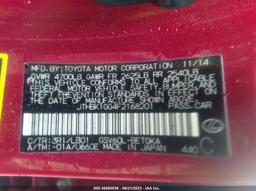 2015 LEXUS ES 350 - JTHBK1GG4F2168201
