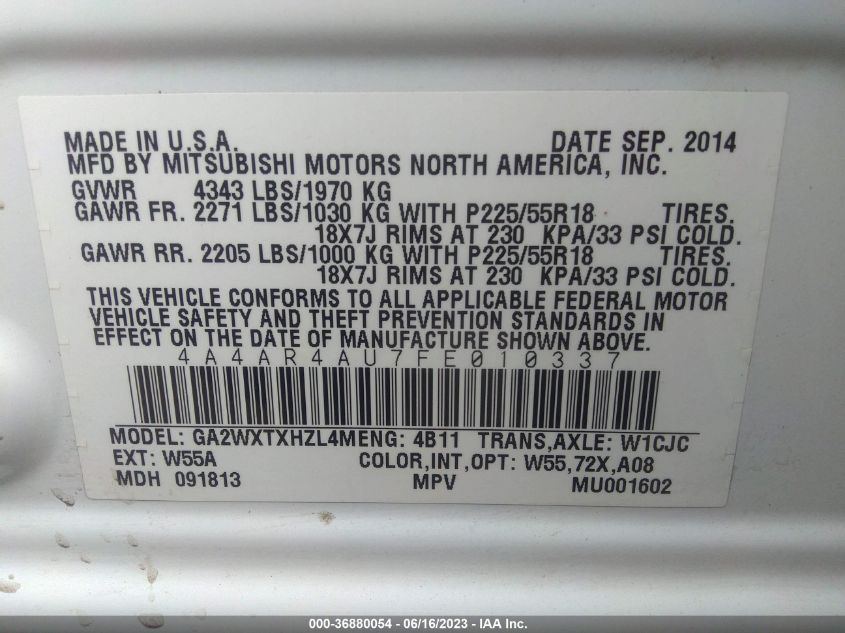 2015 MITSUBISHI OUTLANDER SPORT SE - 4A4AR4AU7FE010337