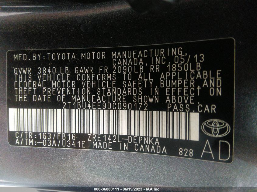 2013 TOYOTA COROLLA S/LE - 2T1BU4EE9DC090172
