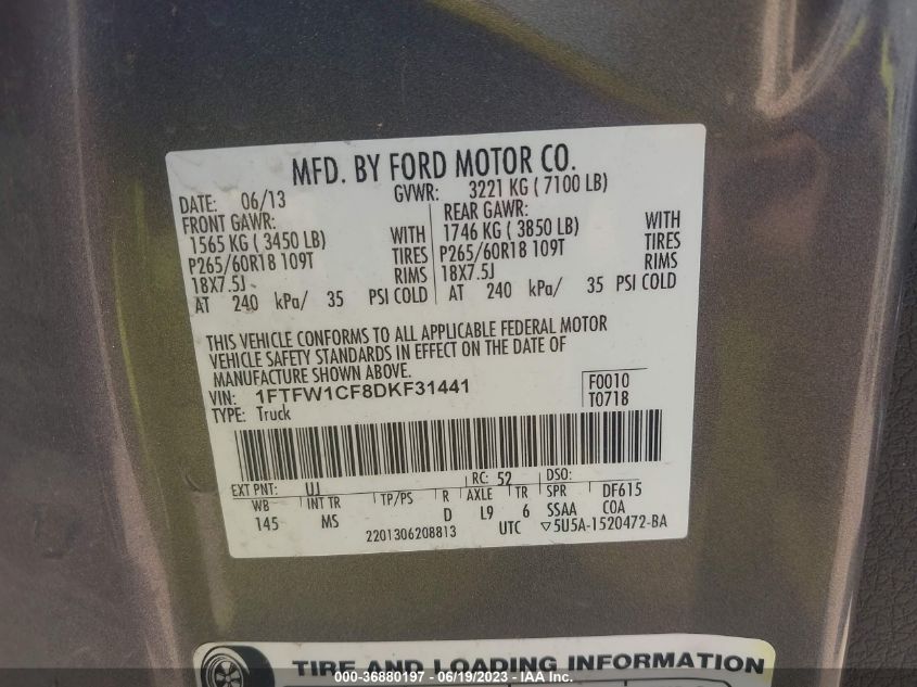 2013 FORD F-150 XL/XLT/FX2/LARIAT - 1FTFW1CF8DKF31441