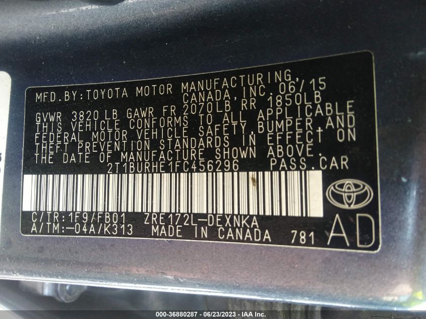 2015 TOYOTA COROLLA L/LE/S/S PLUS/LE PLUS - 2T1BURHE1FC456296