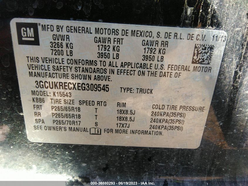 2014 CHEVROLET SILVERADO 1500 LT - 3GCUKRECXEG309545