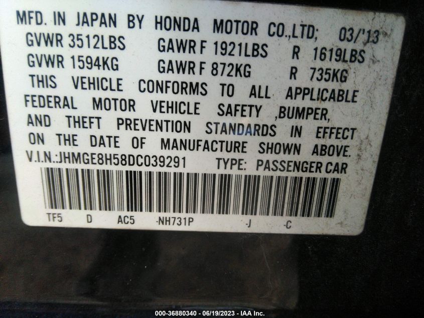 2013 HONDA FIT SPORT - JHMGE8H58DC039291