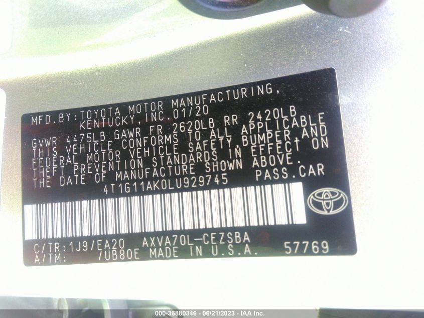 2020 TOYOTA CAMRY SE/SE NIGHT SHADE - 4T1G11AK0LU929745