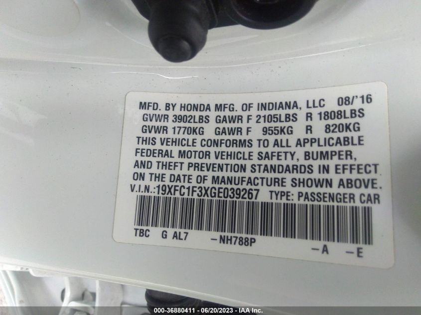 2016 HONDA CIVIC SEDAN EX-T - 19XFC1F3XGE039267