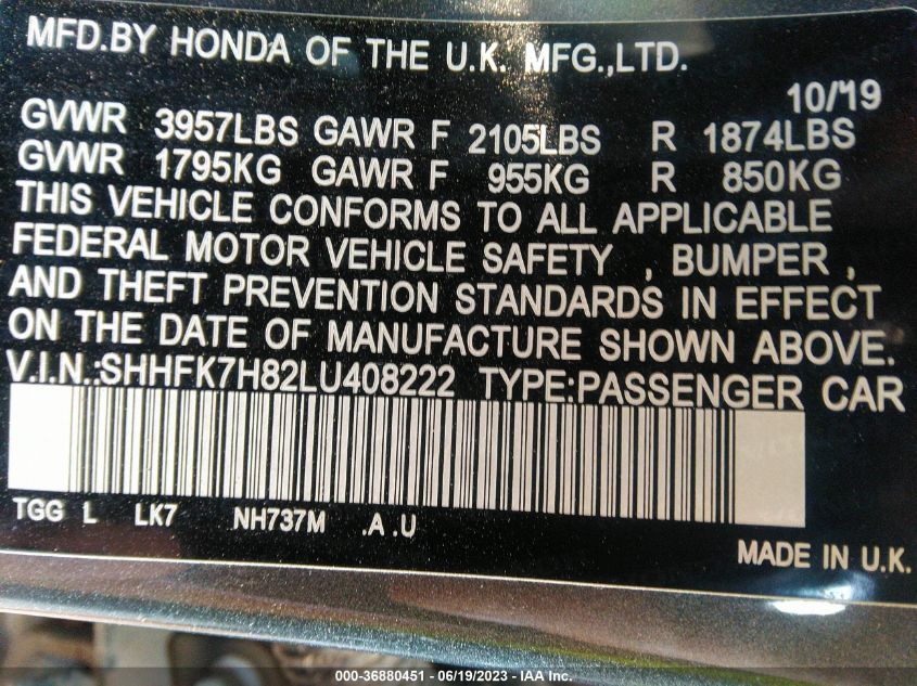 2020 HONDA CIVIC HATCHBACK EX-L - SHHFK7H82LU408222