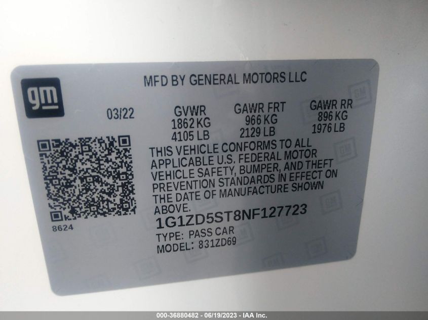 2022 CHEVROLET MALIBU LT - 1G1ZD5ST8NF127723