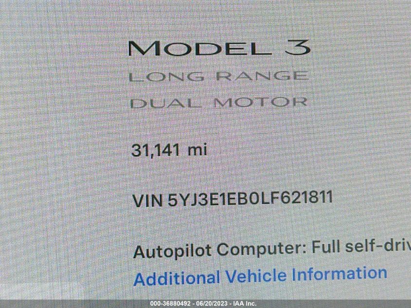 2020 TESLA MODEL 3 LONG RANGE - 5YJ3E1EB0LF621811