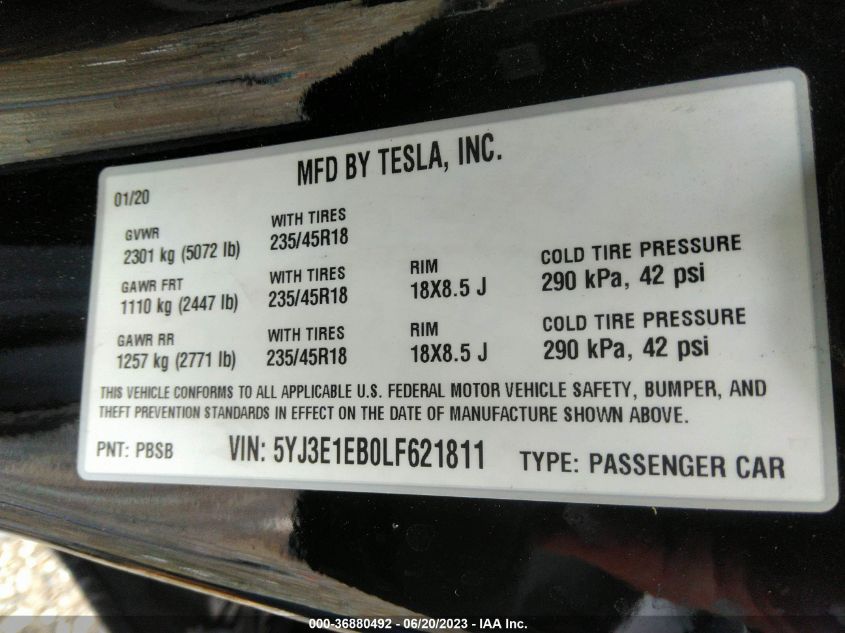 2020 TESLA MODEL 3 LONG RANGE - 5YJ3E1EB0LF621811